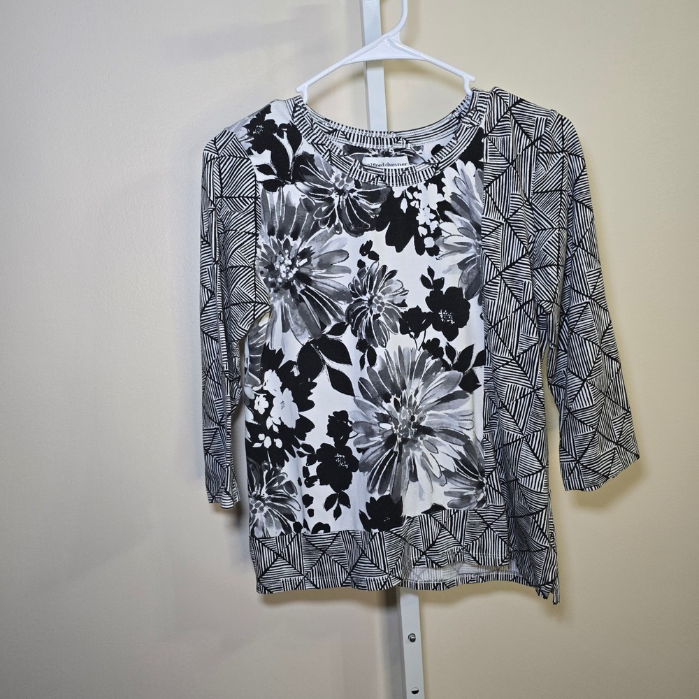Alfred Dunner Petite Womens Black White Floral 3/4 Sleeve‎ Top sz PS